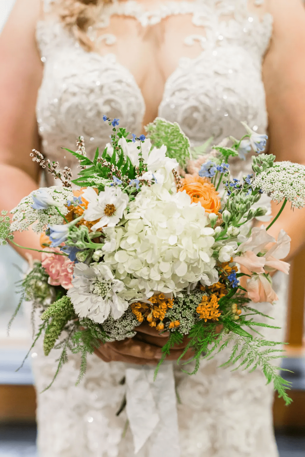 Lace Wedding Gown with Summer Wildflower Bouquet Bend Weddings and Events PNW Weddings-min Lace Wedding Gown with Summer Wildflower Bouquet Bend Weddings and Events PNW Weddings-min