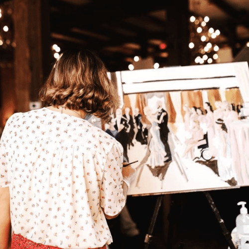 Celebration Paintings - PNW Weddings Live Wedding Painter Outdoor Wedding Couple Dancing-min 3 Birds Caravan - Mobile Bridal Suite - Bride Getting Ready-min