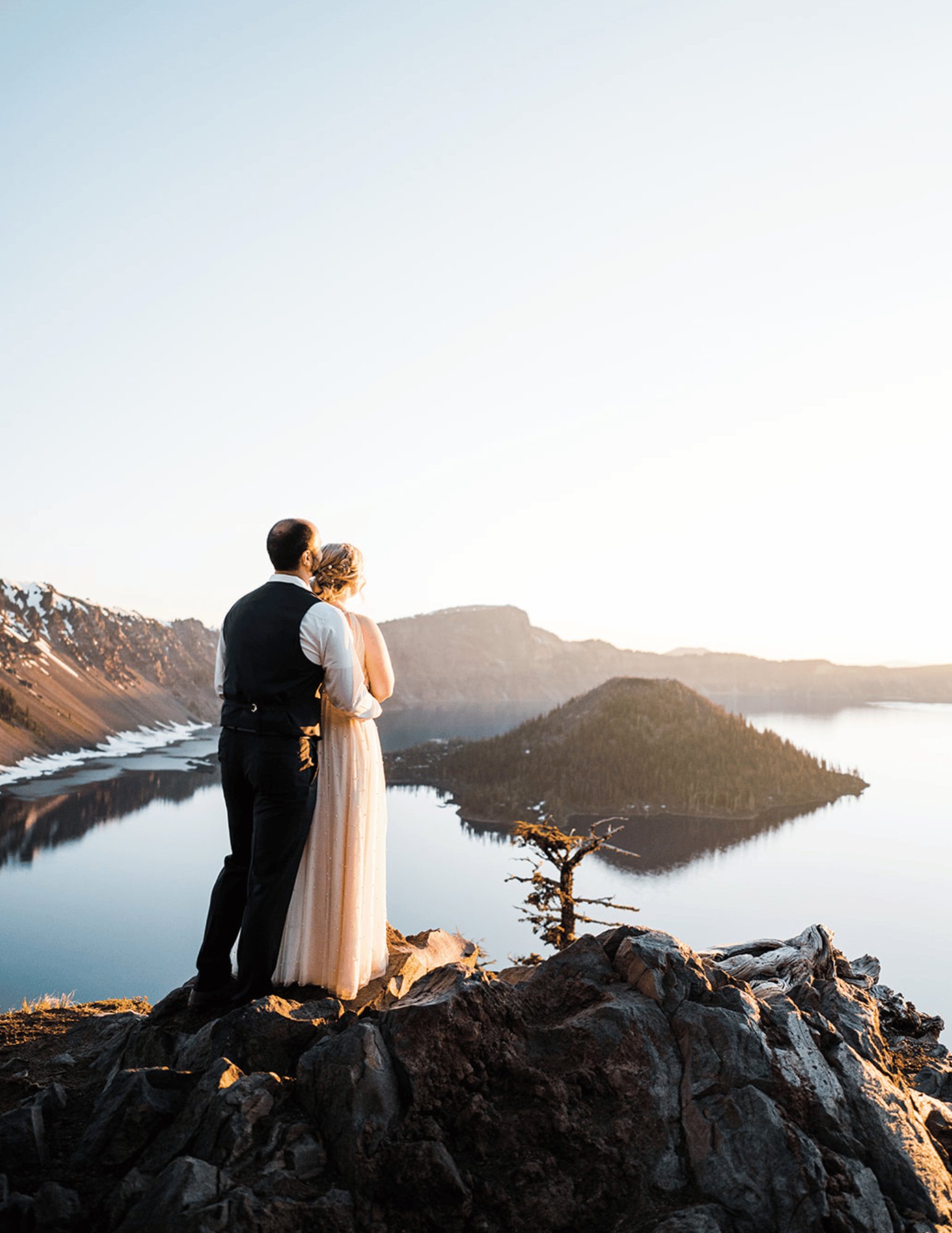 Wedding Couple Portrait Standing By Crater Lake Oregon Taken By Sam Starns PNW Wedding