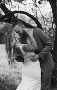 Captured By Bernadette - PNW Weddings - Photographer - Washington - Tree Black And White Kiss Tattoo Plaid Tie Feather Earrings Fitted White Dress-min