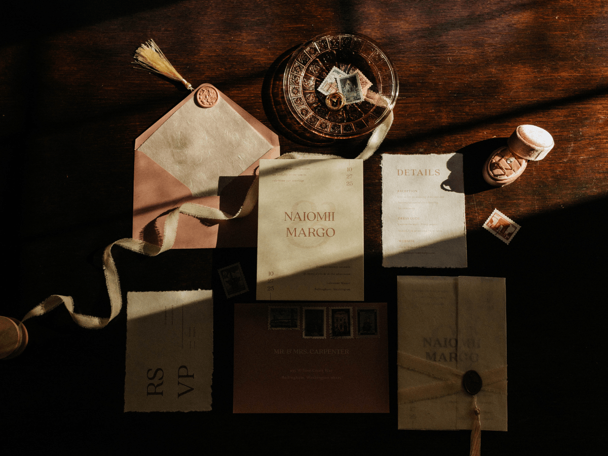 Twinflower Design - PNW Weddings - Brown Moody Invitation Details From Lairmont Manor Wedding in Bellingham, Wa